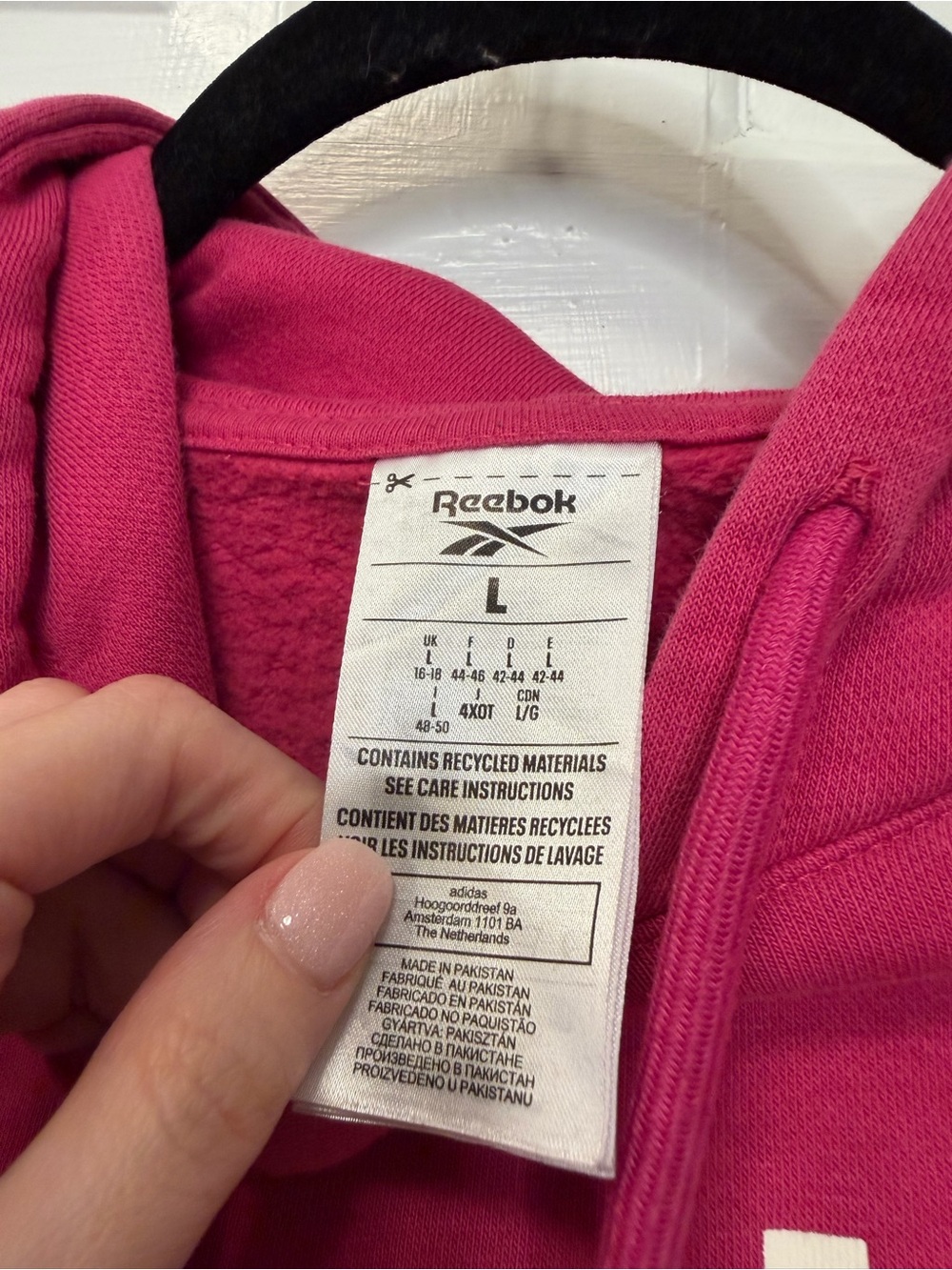 Reebok Pink White Graphic Hoodie Logo Pullover Sweatshirt Size Large - Picture 3 of 4